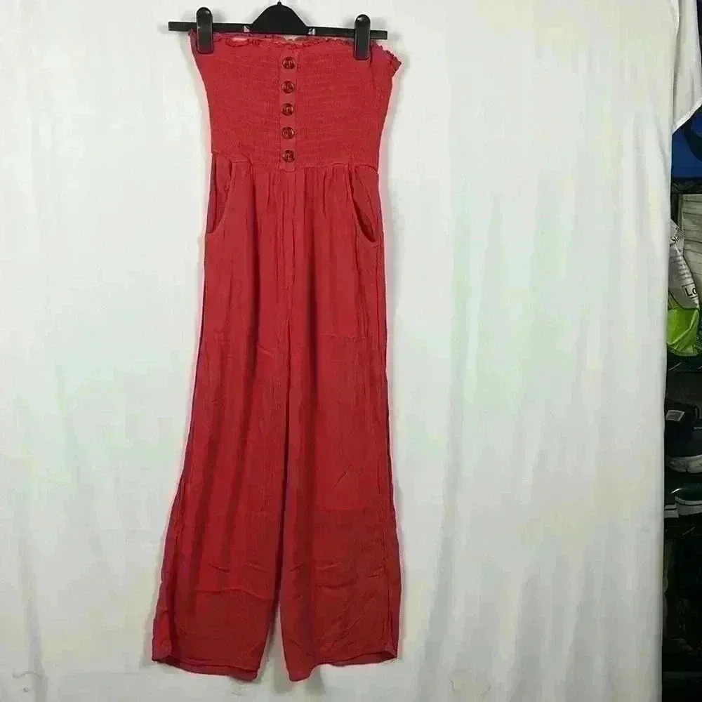 Sky & Sparrow Jumpsuit Burnt Orange M Smocked Bodice Sleeveless Pockets Ruffle